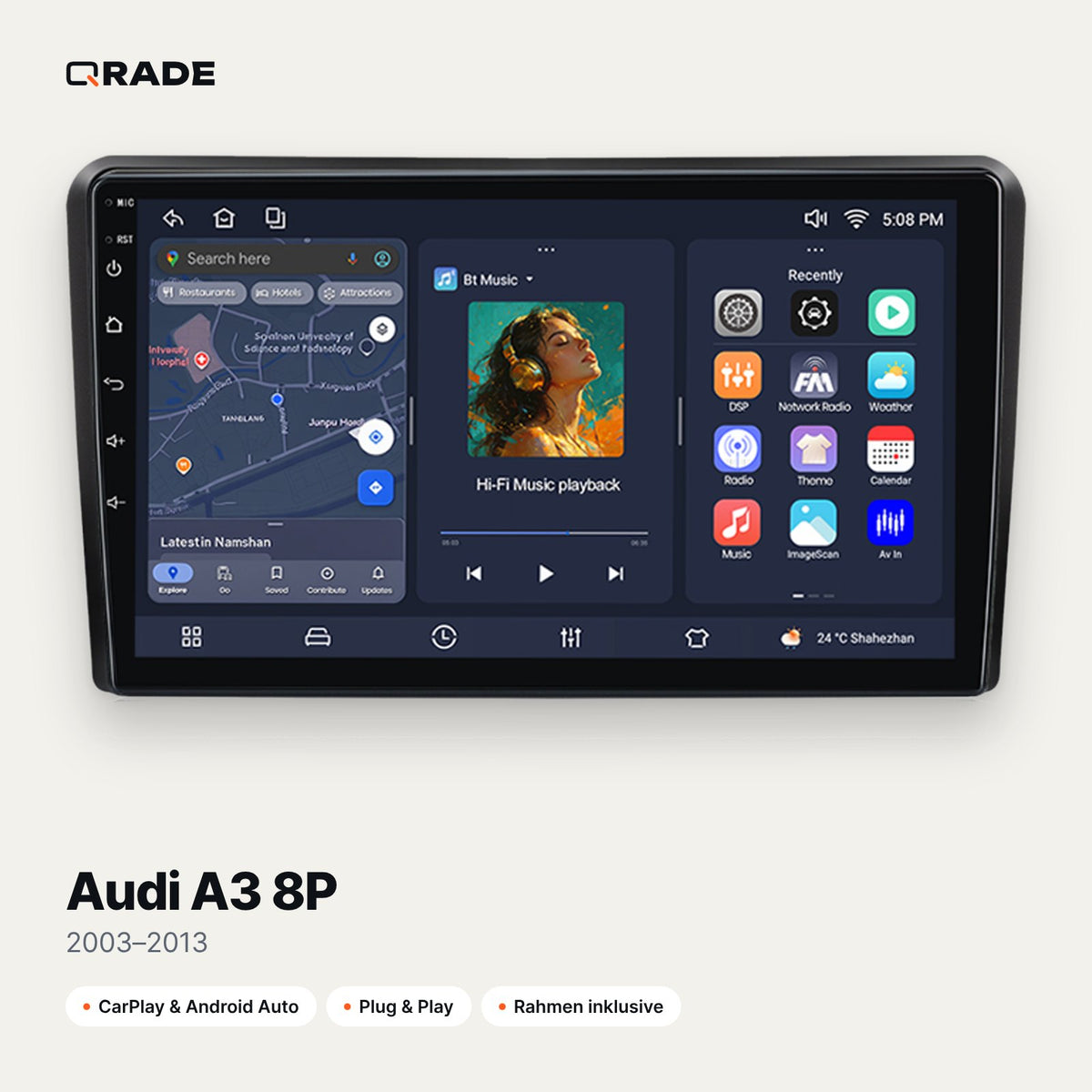 Qrade Autoradio für Audi A3 8P (2003–2013) mit Wireless CarPlay & Android Auto