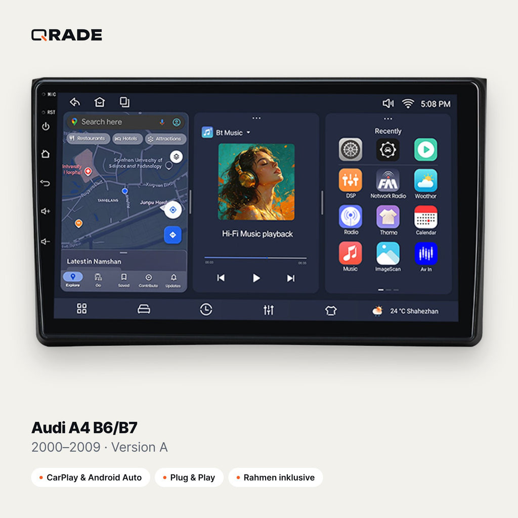 Qrade Autoradio für Audi A4 B6/B7 (2000–2009), Version A mit Wireless CarPlay & Android Auto