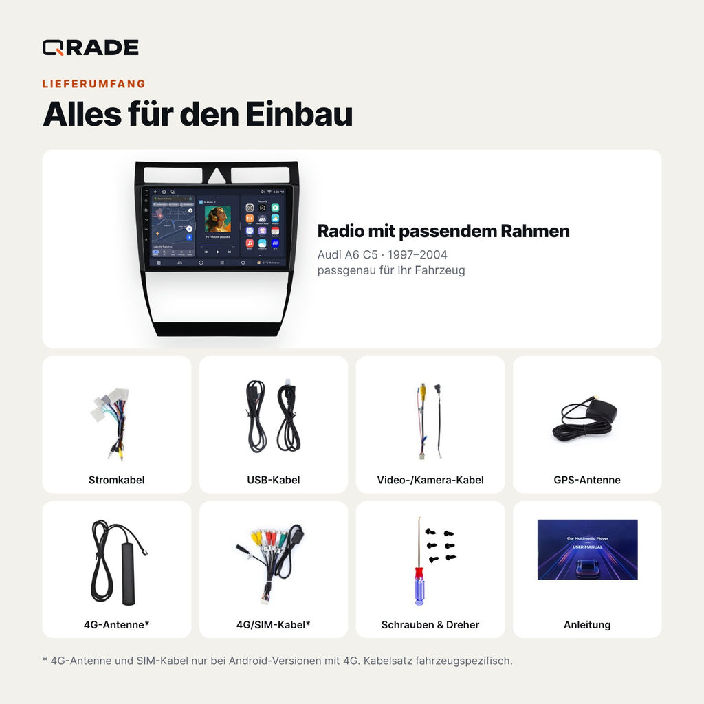 Lieferumfang: Audi A6 C5 (1997–2004) – Qrade Autoradio mit Rahmen und Kabelsatz