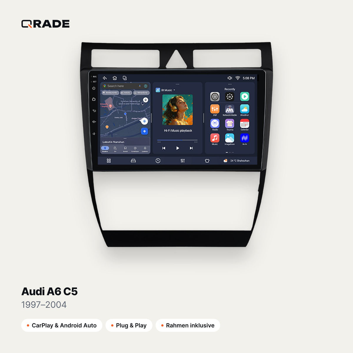 Qrade Autoradio für Audi A6 C5 (1997–2004) mit Wireless CarPlay & Android Auto
