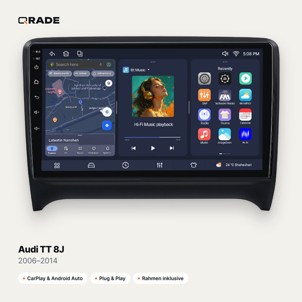 Qrade Autoradio für Audi TT 8J (2006–2014) mit Wireless CarPlay & Android Auto