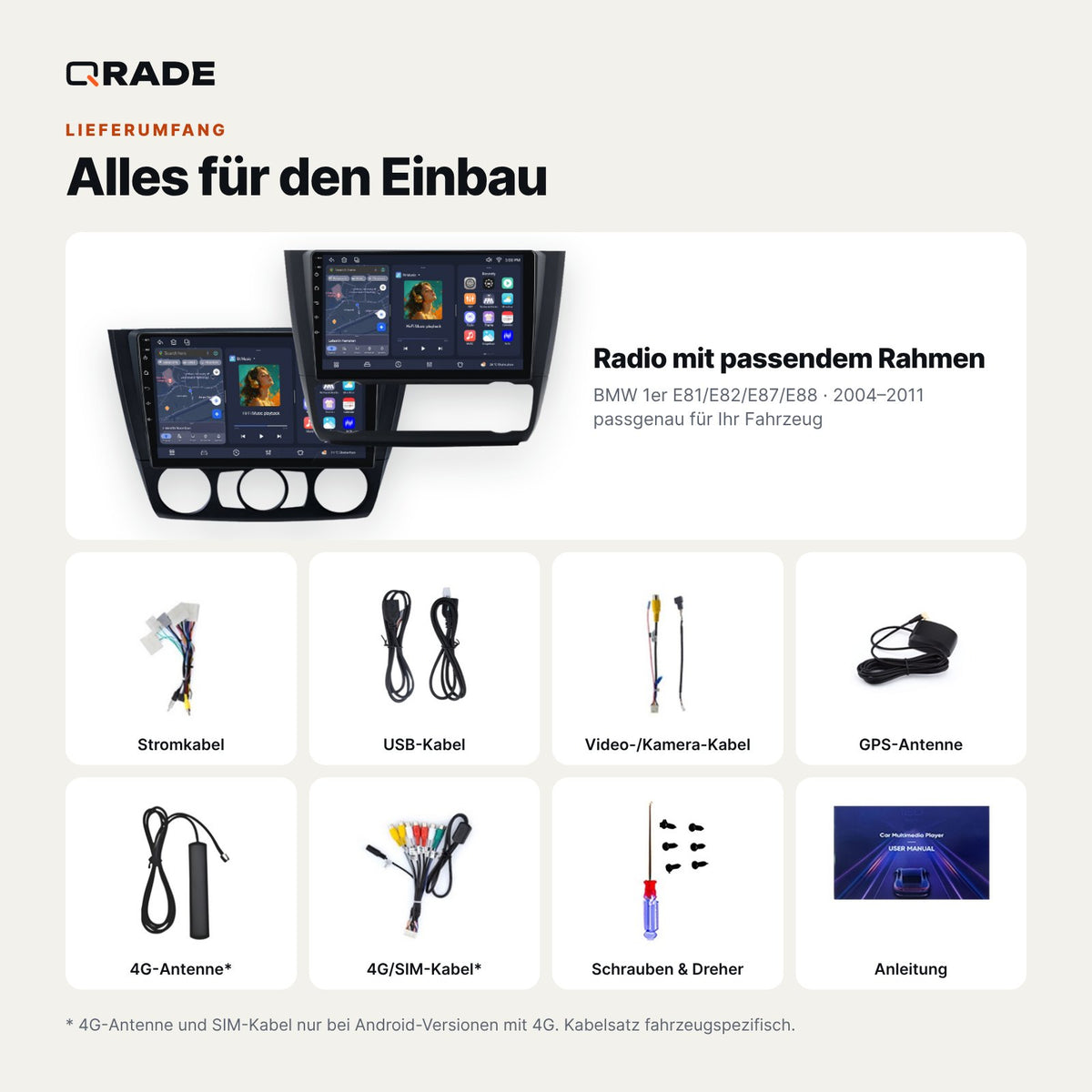 Lieferumfang: BMW 1er E81/E82/E87/E88 (2004–2011) – Qrade Autoradio mit Rahmen und Kabelsatz