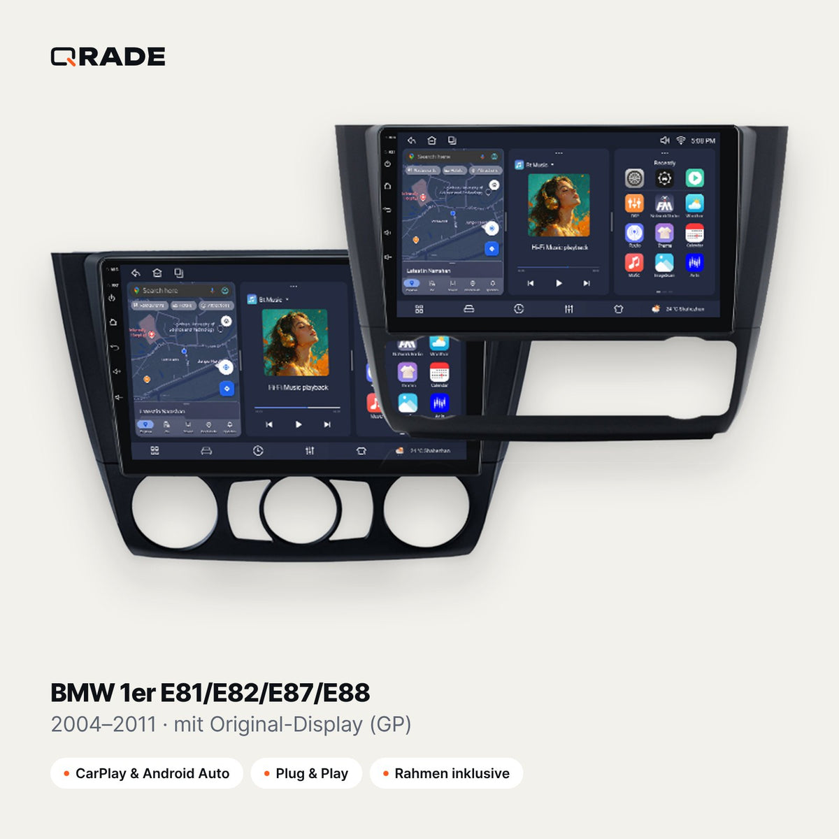 Qrade Autoradio für BMW 1er E81/E82/E87/E88 (2004–2011), mit Original-Display (GP) mit Wireless CarPlay & Android Auto