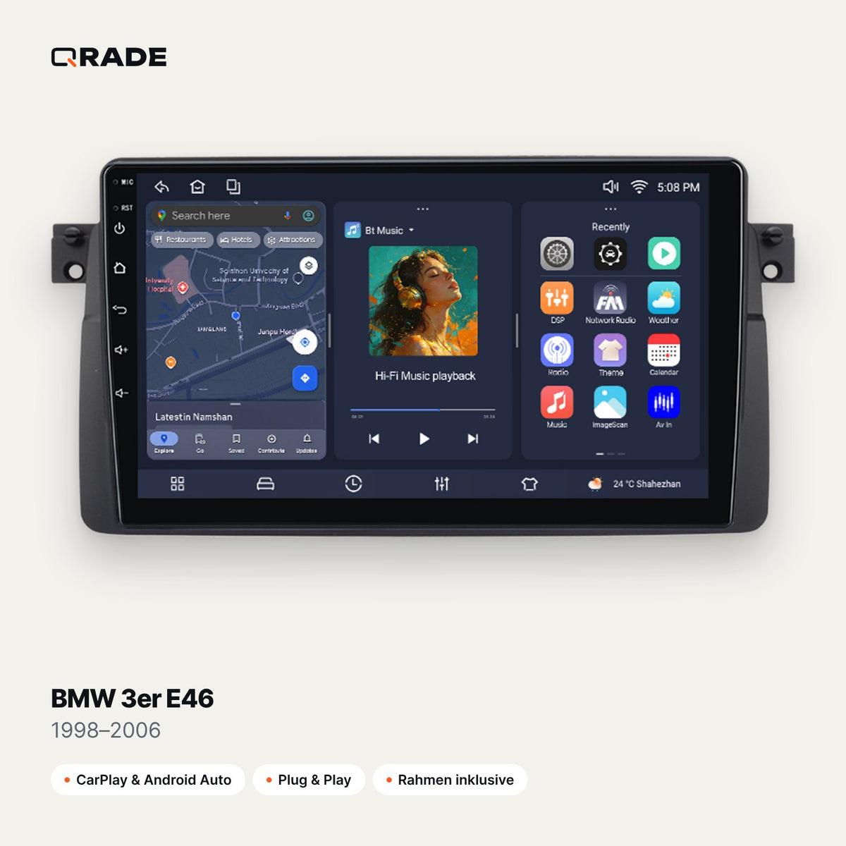 Qrade Autoradio für BMW 3er E46 (1998–2006) mit Wireless CarPlay & Android Auto
