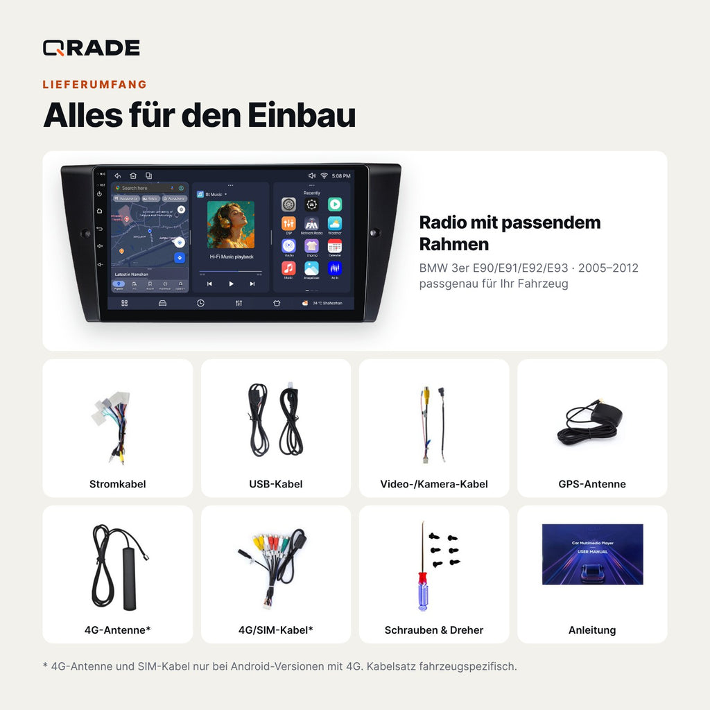Lieferumfang: BMW 3er E90/E91/E92/E93 (2005–2012) – Qrade Autoradio mit Rahmen und Kabelsatz