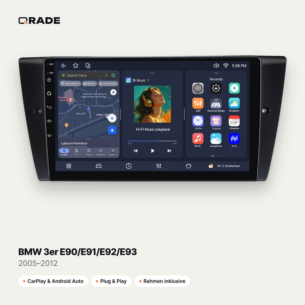 Qrade Autoradio für BMW 3er E90/E91/E92/E93 (2005–2012) mit Wireless CarPlay & Android Auto