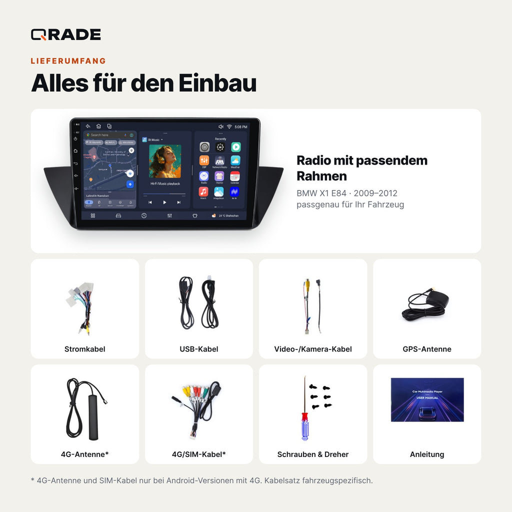 Lieferumfang: BMW X1 E84 (2009–2012) – Qrade Autoradio mit Rahmen und Kabelsatz