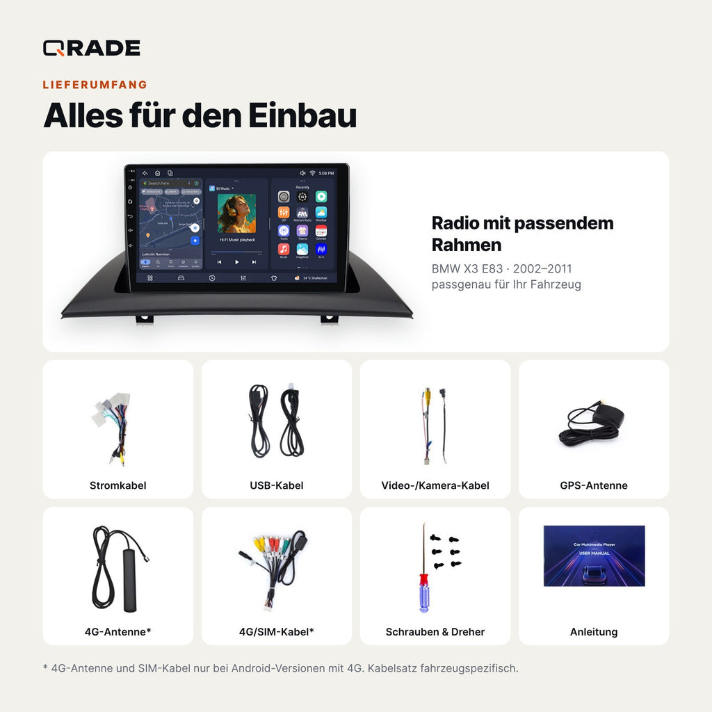 Lieferumfang: BMW X3 E83 (2002–2011) – Qrade Autoradio mit Rahmen und Kabelsatz