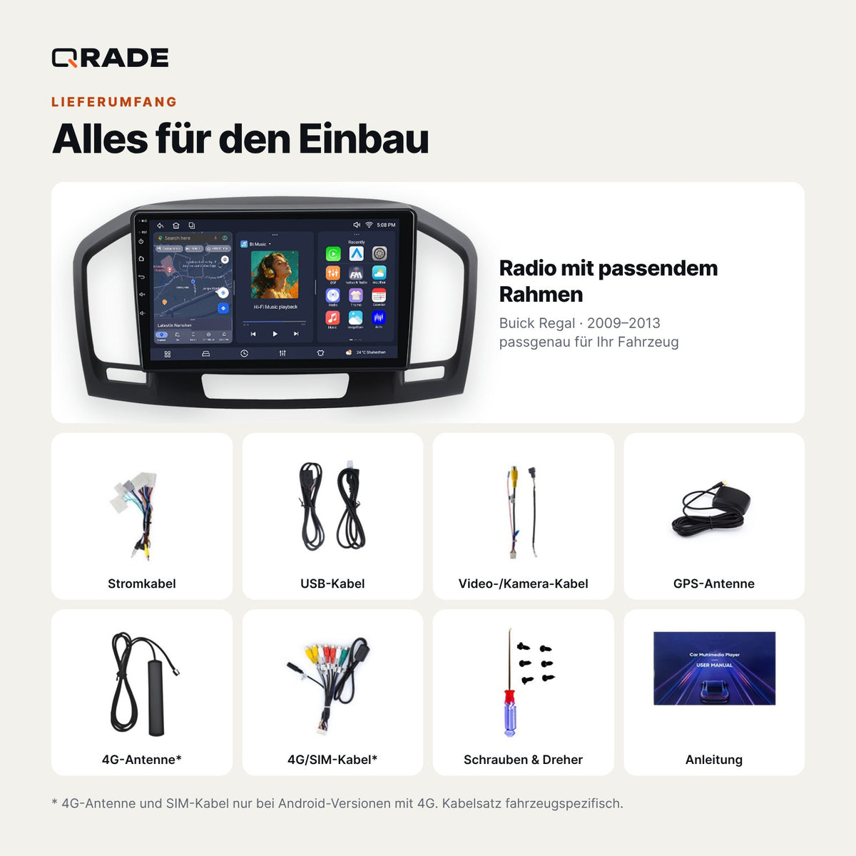 Lieferumfang: Buick Regal (2009–2013) – Qrade Autoradio mit Rahmen und Kabelsatz