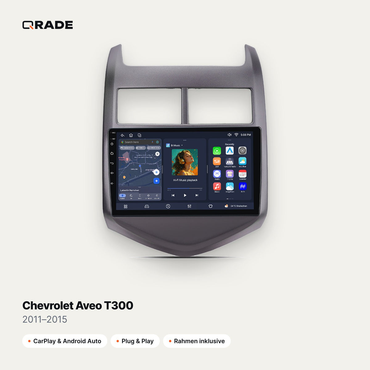 Qrade Autoradio für Chevrolet Aveo T300 (2011–2015) mit Wireless CarPlay & Android Auto