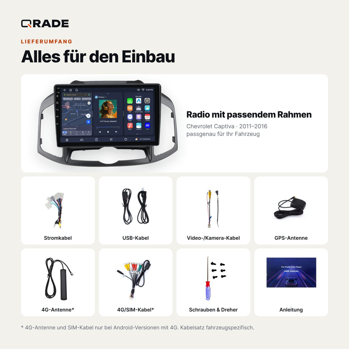 Lieferumfang: Chevrolet Captiva (2011–2016) – Qrade Autoradio mit Rahmen und Kabelsatz
