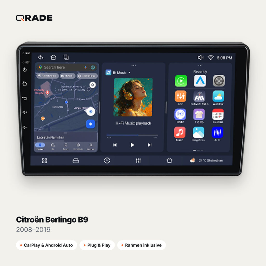 Qrade Autoradio für Citroën Berlingo B9 (2008–2019) mit Wireless CarPlay & Android Auto