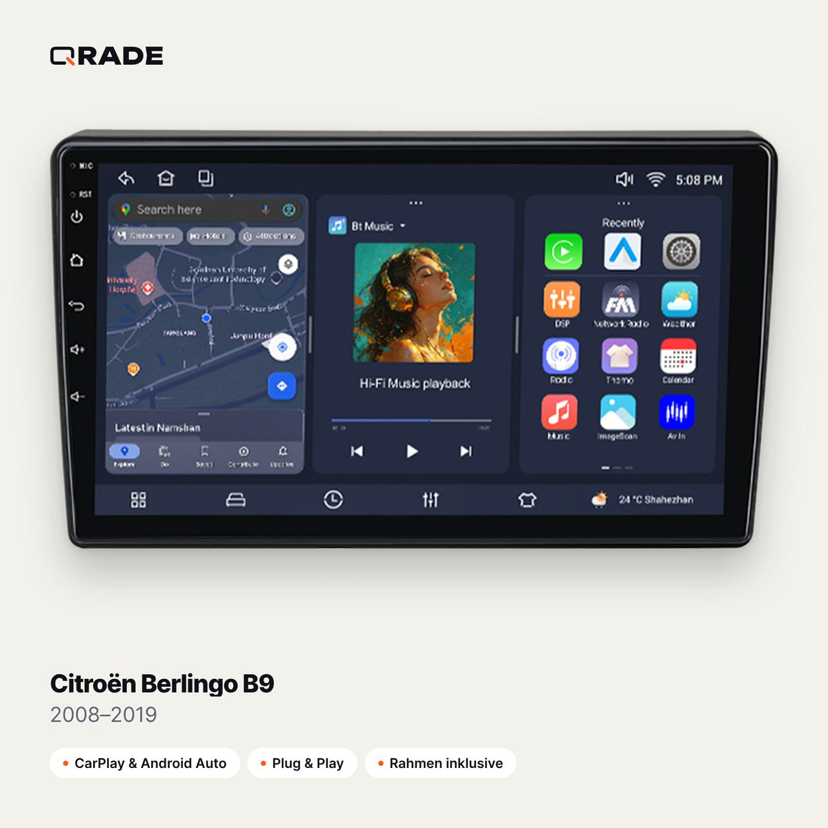 Qrade Autoradio für Citroën Berlingo B9 (2008–2019) mit Wireless CarPlay & Android Auto
