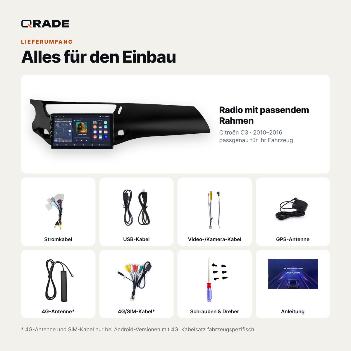 Lieferumfang: Citroën C3 (2010–2016) – Qrade Autoradio mit Rahmen und Kabelsatz