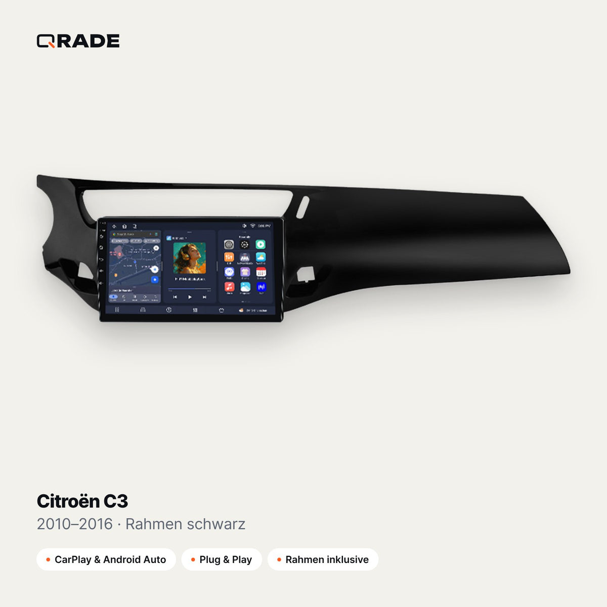 Qrade Autoradio für Citroën C3 (2010–2016), Rahmen schwarz mit Wireless CarPlay & Android Auto