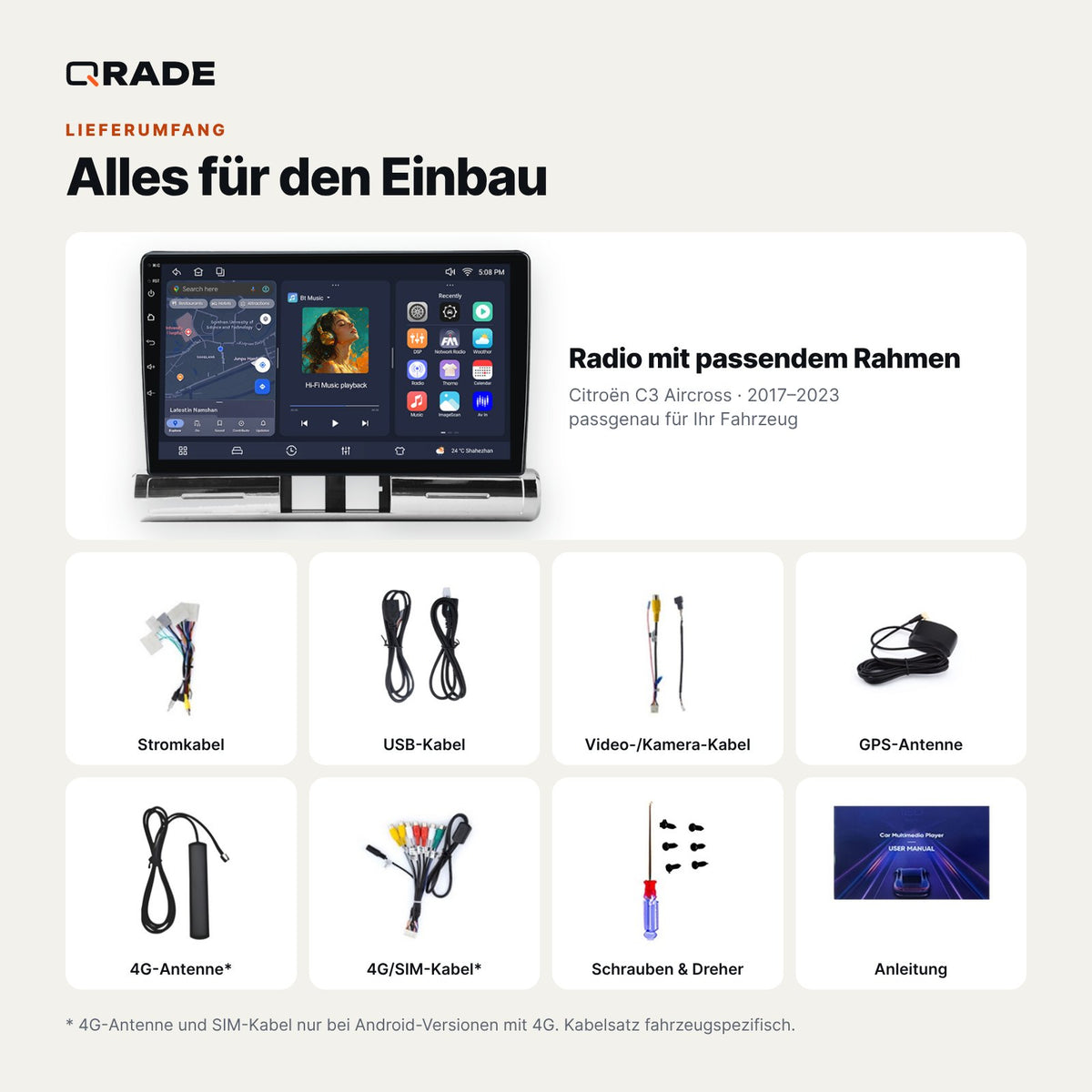 Lieferumfang: Citroën C3 Aircross (2017–2023) – Qrade Autoradio mit Rahmen und Kabelsatz
