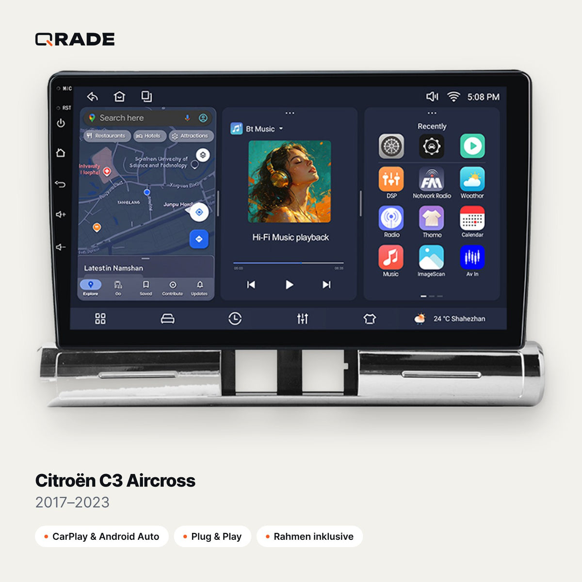 Qrade Autoradio für Citroën C3 Aircross (2017–2023) mit Wireless CarPlay & Android Auto