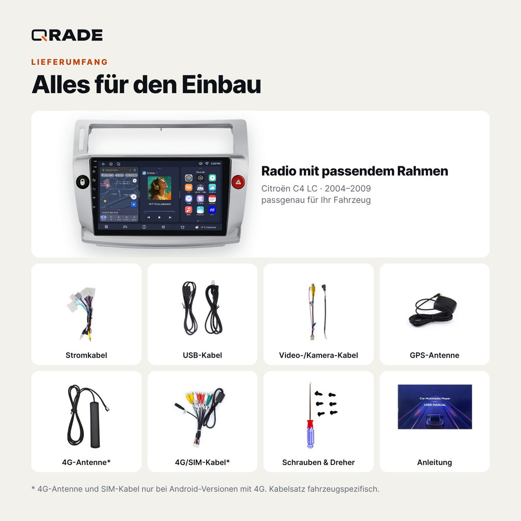 Lieferumfang: Citroën C4 LC (2004–2009) – Qrade Autoradio mit Rahmen und Kabelsatz