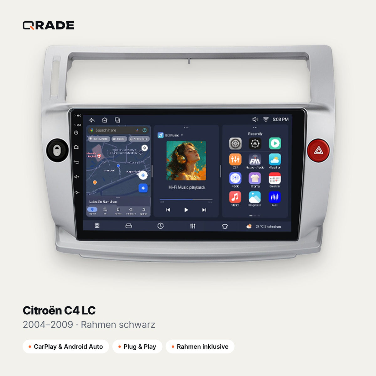 Qrade Autoradio für Citroën C4 LC (2004–2009), Rahmen schwarz mit Wireless CarPlay & Android Auto