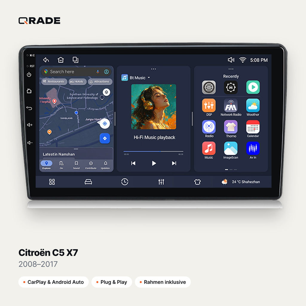 Qrade Autoradio für Citroën C5 X7 (2008–2017) mit Wireless CarPlay & Android Auto