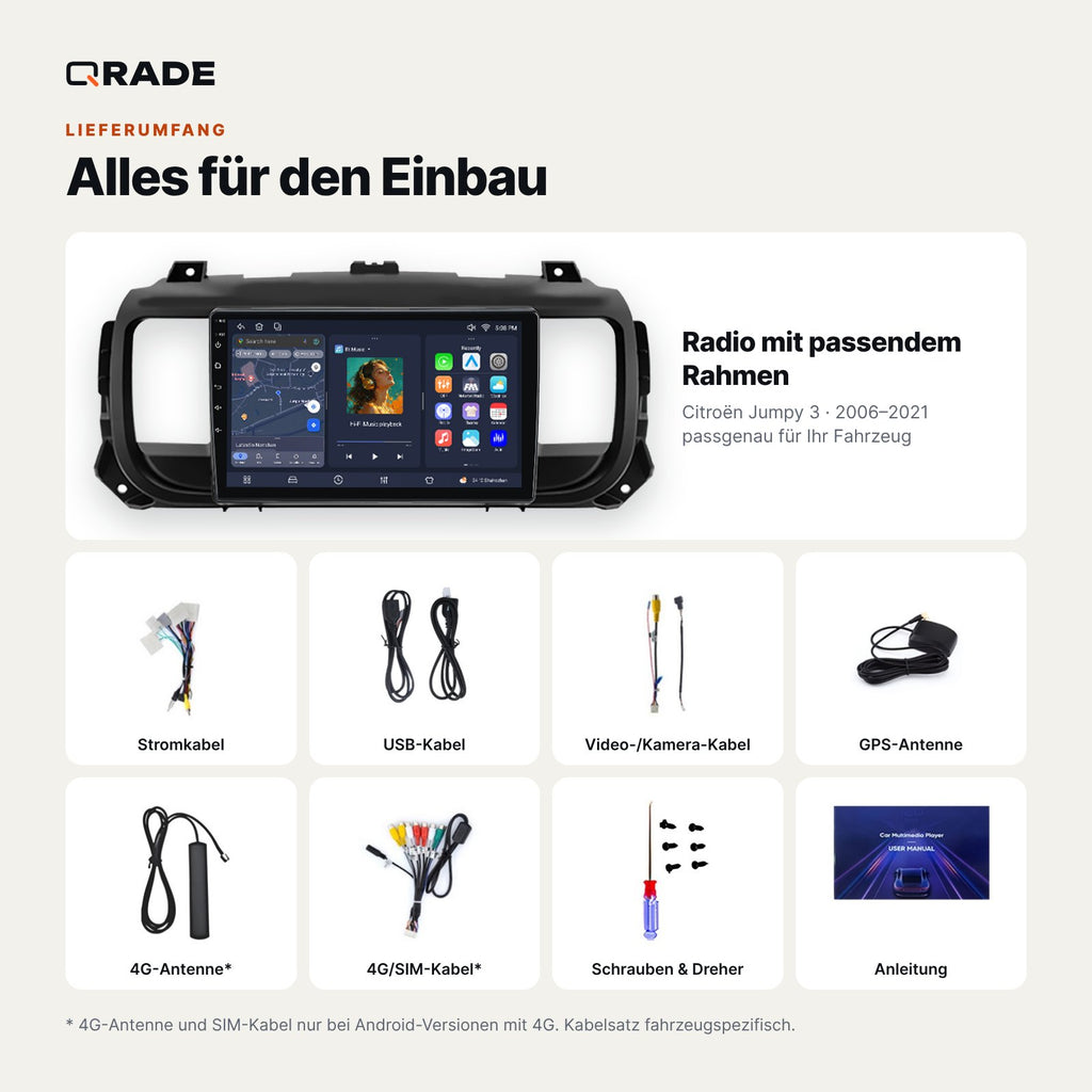 Lieferumfang: Citroën Jumpy 3 (2006–2021) – Qrade Autoradio mit Rahmen und Kabelsatz