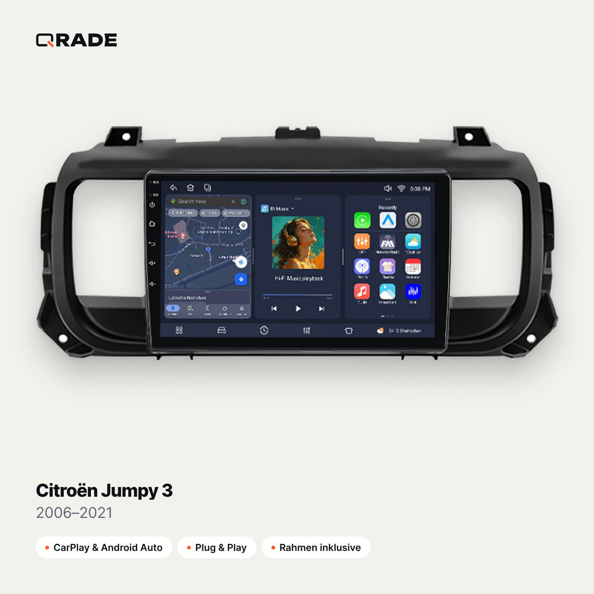 Qrade Autoradio für Citroën Jumpy 3 (2006–2021) mit Wireless CarPlay & Android Auto