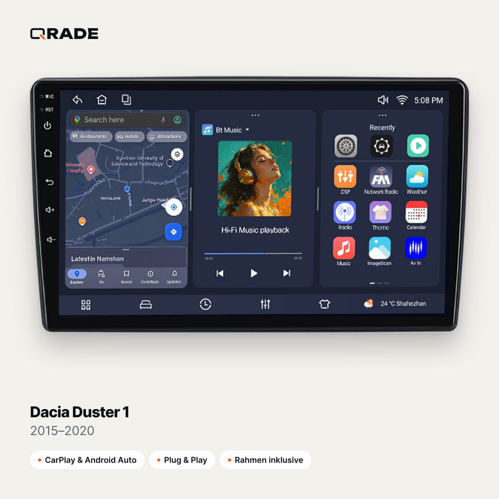 Qrade Autoradio für Dacia Duster 1 (2015–2020) mit Wireless CarPlay & Android Auto