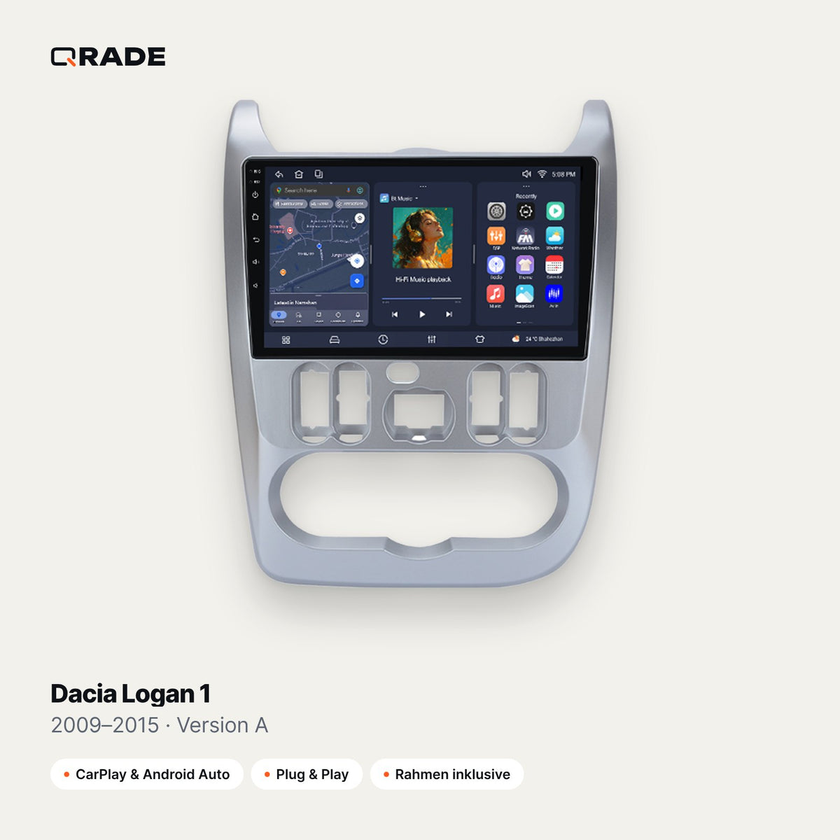 Qrade Autoradio für Dacia Logan 1 (2009–2015), Version A mit Wireless CarPlay & Android Auto