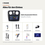 Lieferumfang: Dacia Logan 2 (2014–2019) – Qrade Autoradio mit Rahmen und Kabelsatz