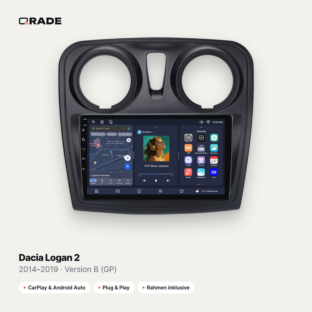 Qrade Autoradio für Dacia Logan 2 (2014–2019), Version B (GP) mit Wireless CarPlay & Android Auto