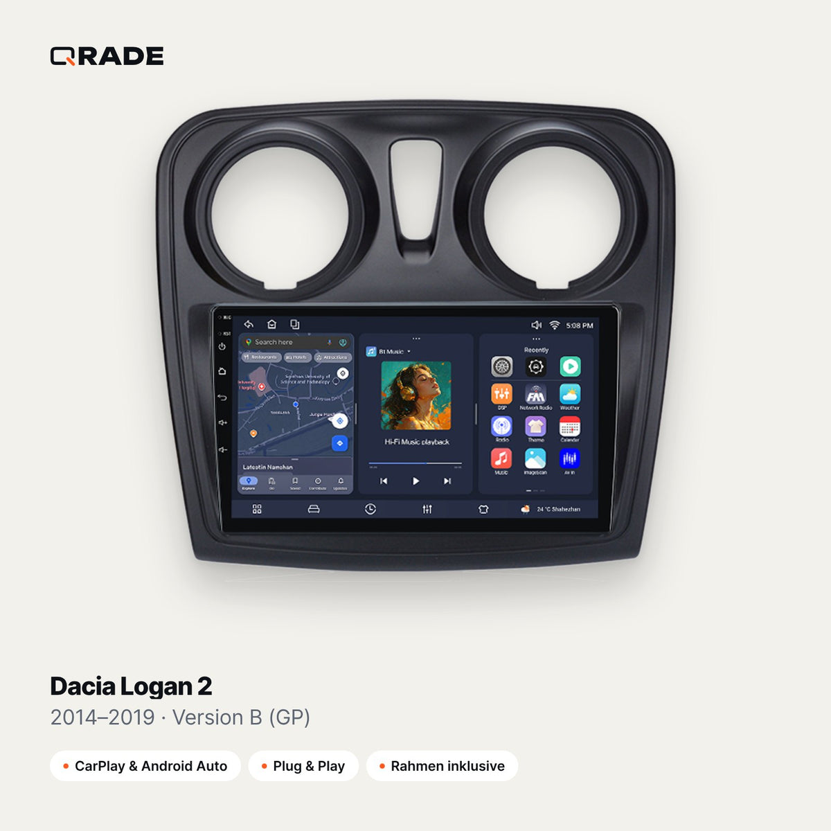 Qrade Autoradio für Dacia Logan 2 (2014–2019), Version B (GP) mit Wireless CarPlay & Android Auto