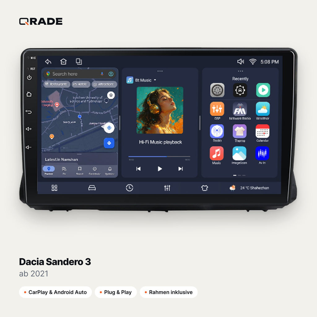 Qrade Autoradio für Dacia Sandero 3 (ab 2021) mit Wireless CarPlay & Android Auto