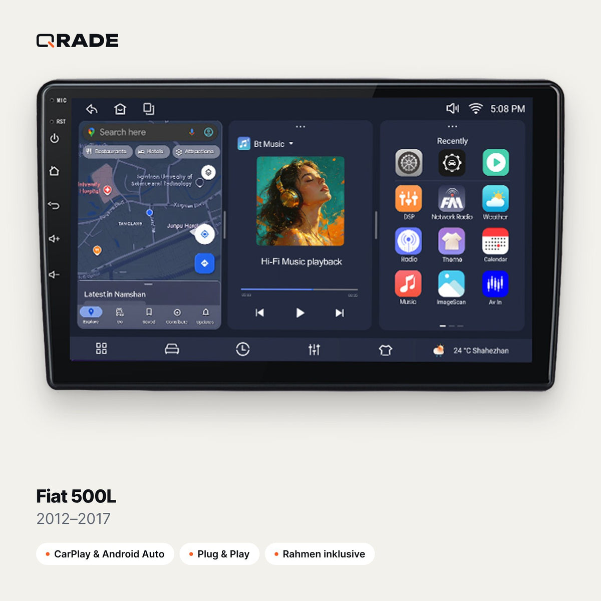 Qrade Autoradio für Fiat 500L (2012–2017) mit Wireless CarPlay & Android Auto