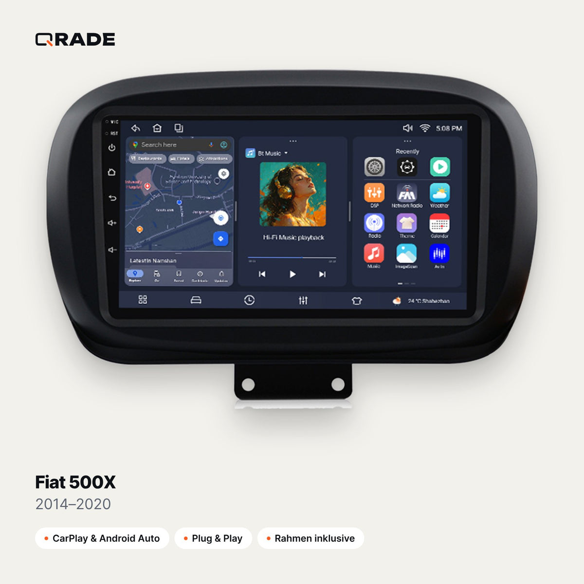 Qrade Autoradio für Fiat 500X (2014–2020) mit Wireless CarPlay & Android Auto