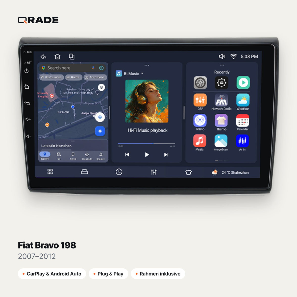 Qrade Autoradio für Fiat Bravo 198 (2007–2012) mit Wireless CarPlay & Android Auto