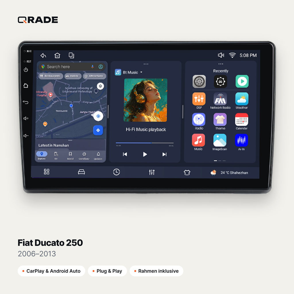 Qrade Autoradio für Fiat Ducato 250 (2006–2013) mit Wireless CarPlay & Android Auto