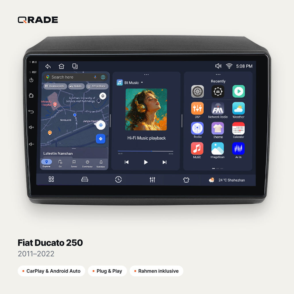 Qrade Autoradio für Fiat Ducato 250 (2011–2022) mit Wireless CarPlay & Android Auto
