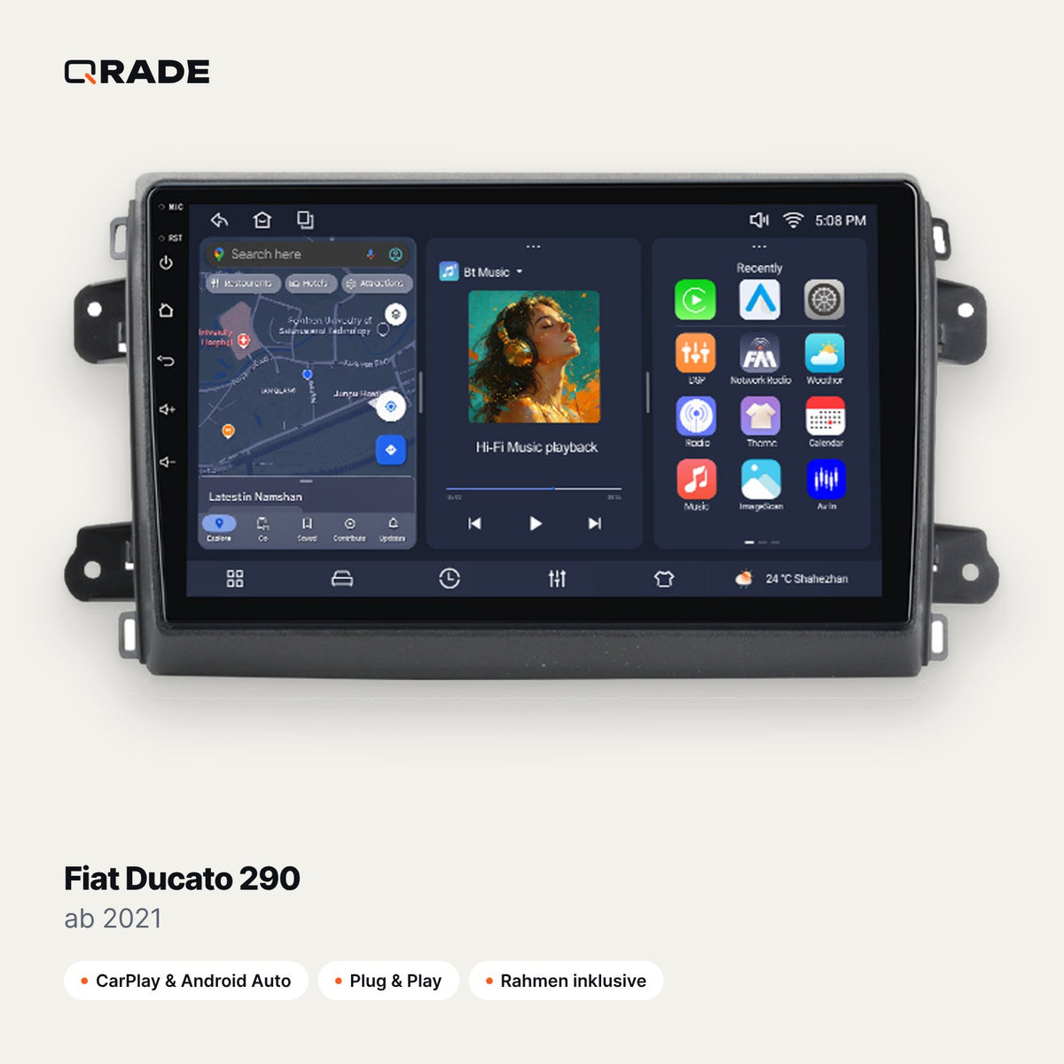 Qrade Autoradio für Fiat Ducato 290 (ab 2021) mit Wireless CarPlay & Android Auto