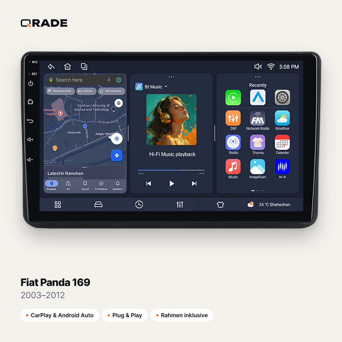 Qrade Autoradio für Fiat Panda 169 (2003–2012) mit Wireless CarPlay & Android Auto