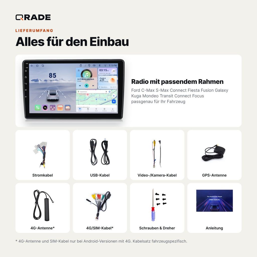 Ford C-Max S-Max Connect Fiesta Fusion Galaxy Kuga Mondeo Transit Connect Focus – Autoradio mit Wireless CarPlay & Android Auto