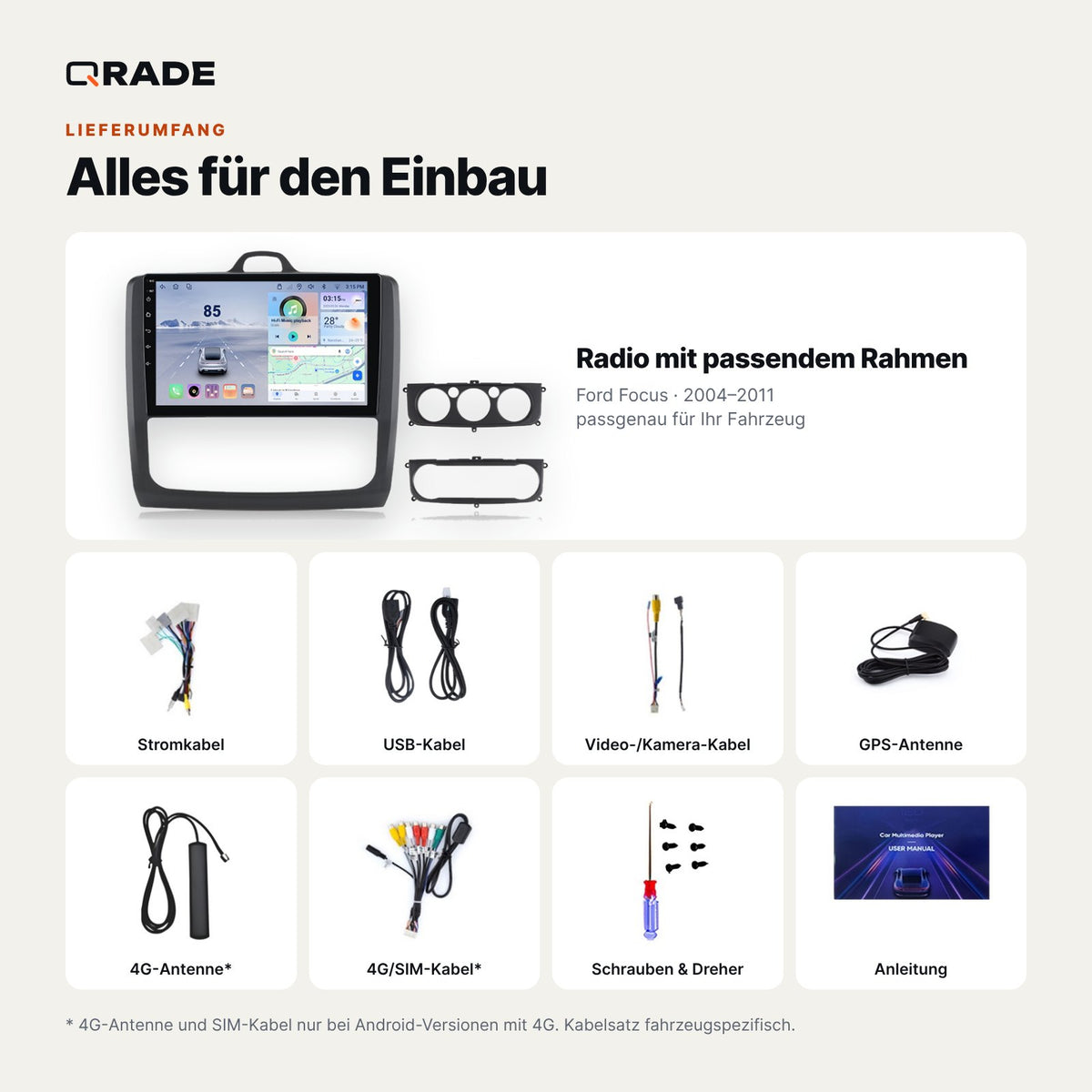 Ford Focus 2004-2011 – Autoradio mit Wireless CarPlay & Android Auto (Rahmen Focus-B2)