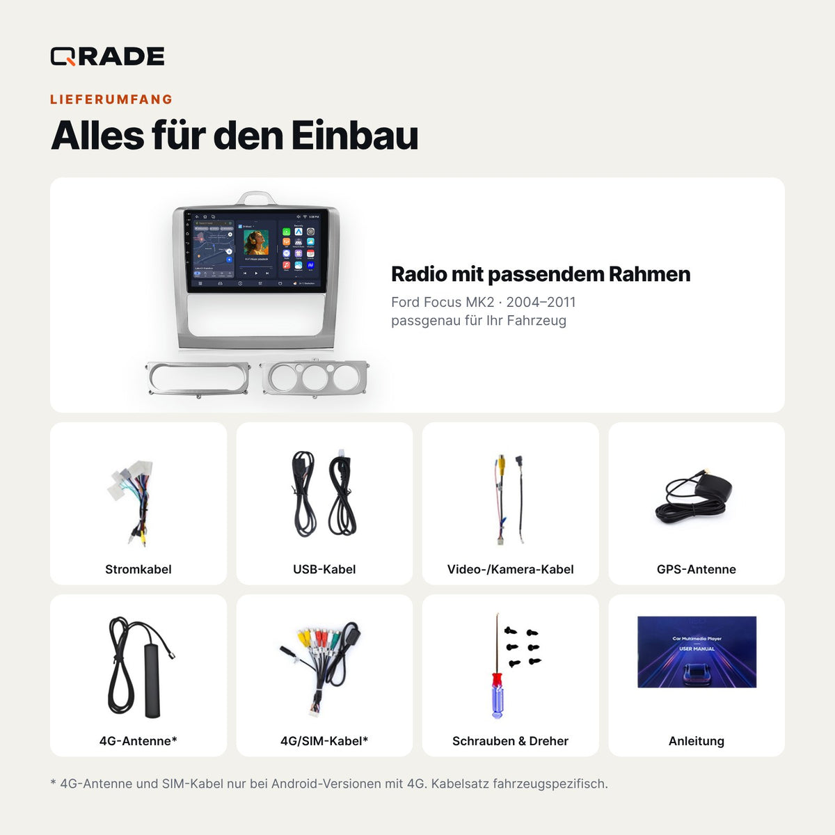 Lieferumfang: Ford Focus MK2 (2004–2011) – Qrade Autoradio mit Rahmen und Kabelsatz