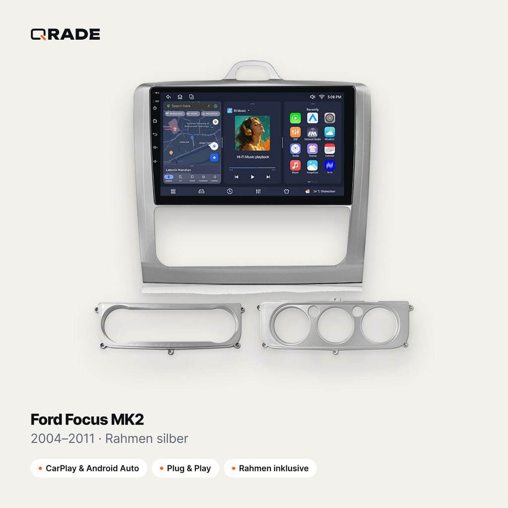 Qrade Autoradio für Ford Focus MK2 (2004–2011), Rahmen silber mit Wireless CarPlay & Android Auto