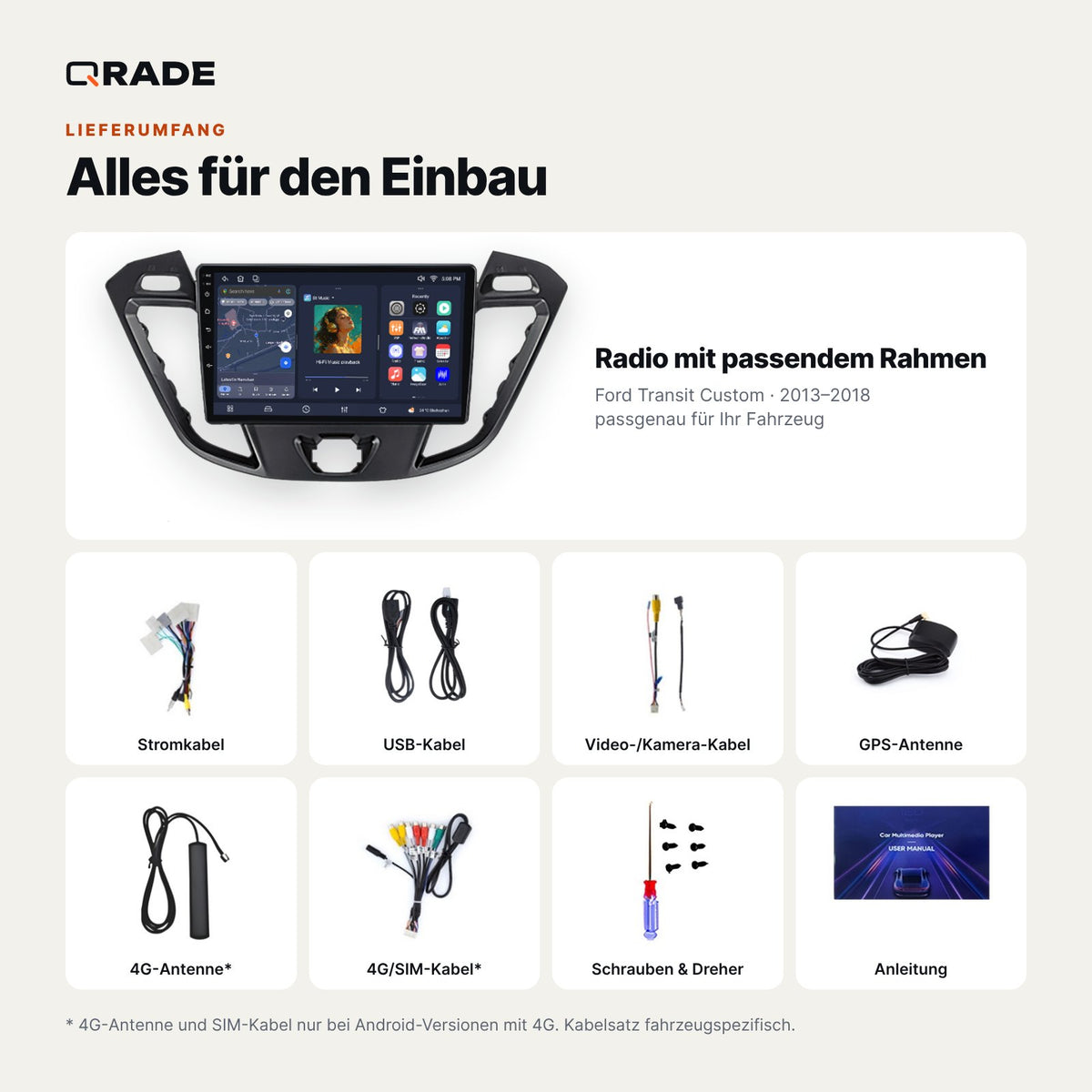 Lieferumfang: Ford Transit Custom (2013–2018) – Qrade Autoradio mit Rahmen und Kabelsatz
