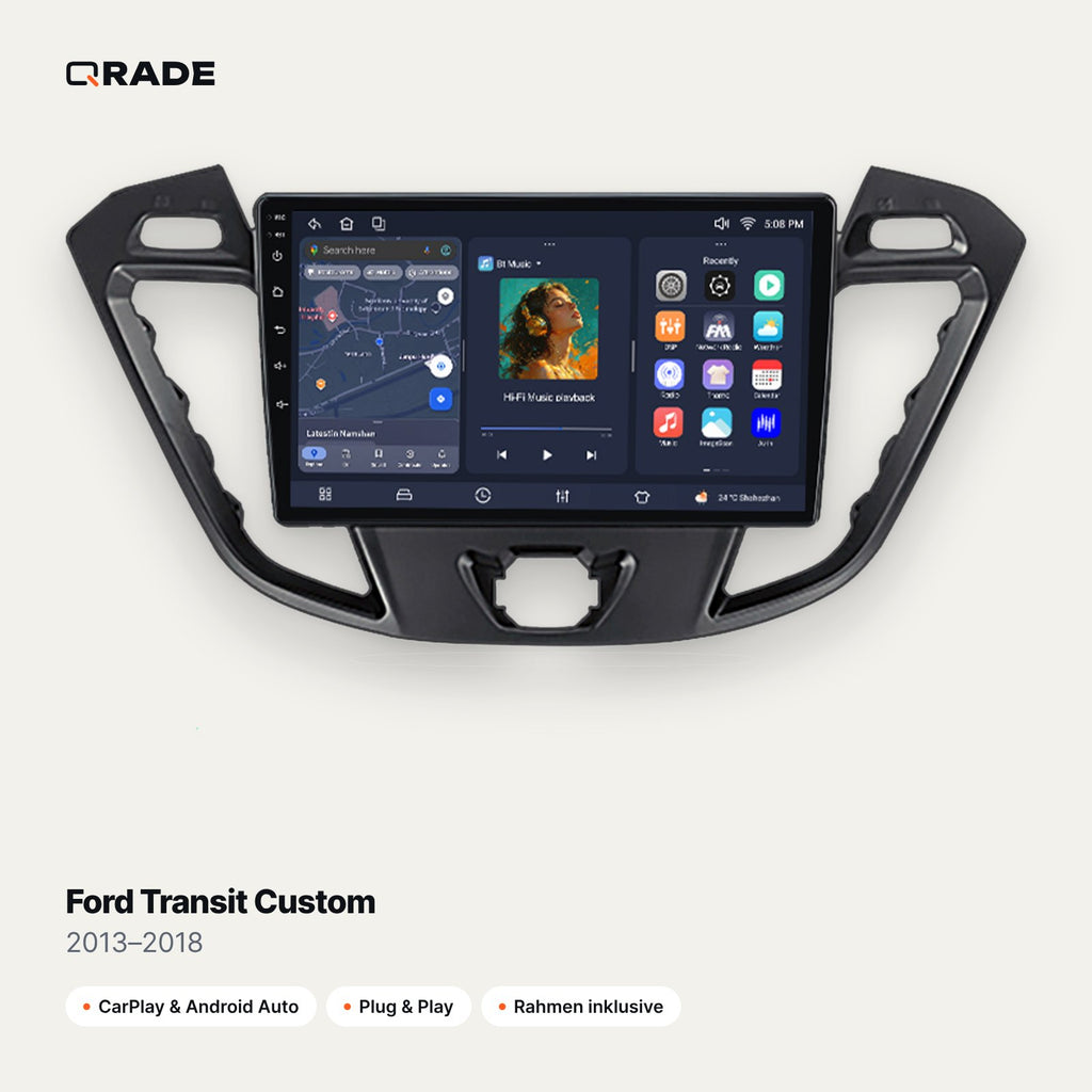 Qrade Autoradio für Ford Transit Custom (2013–2018) mit Wireless CarPlay & Android Auto