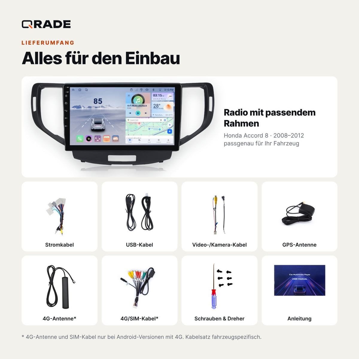 Honda Accord 8 2008-2012 – Autoradio mit Wireless CarPlay & Android Auto (Rahmen Accord812H （B）)