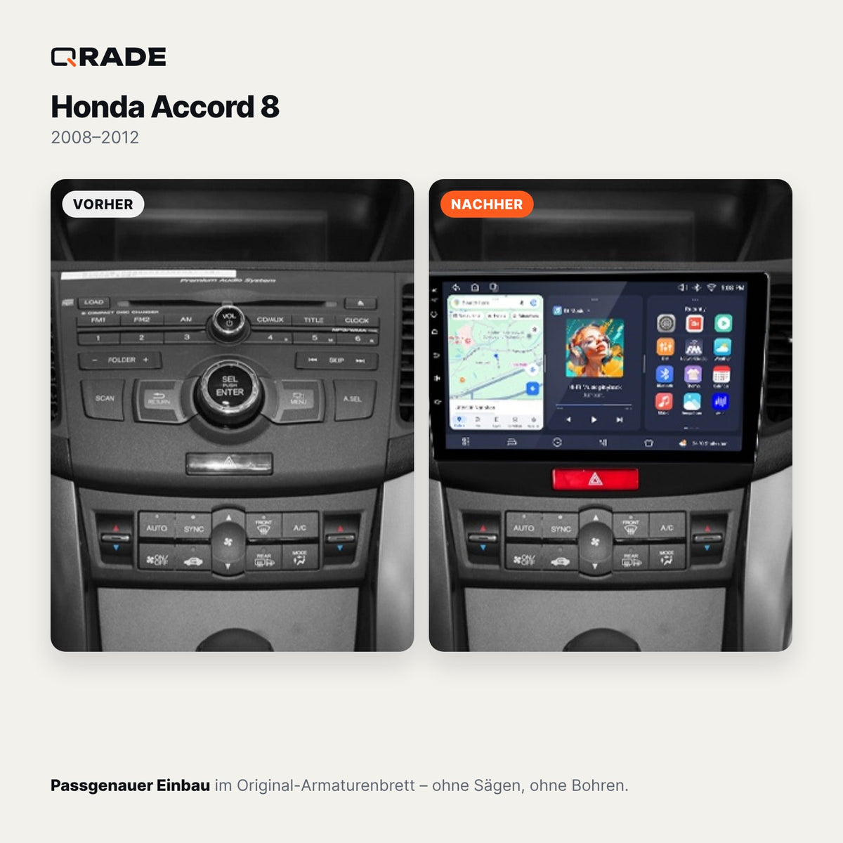 Honda Accord 8 2008-2012 – Autoradio mit Wireless CarPlay & Android Auto (Rahmen Accord812（A）)