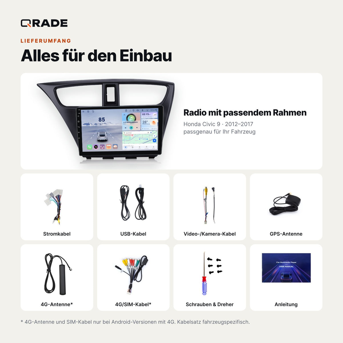 Honda Civic 9 2012-2017 – Autoradio mit Wireless CarPlay & Android Auto (Rahmen CIVIC127-GP （B）)