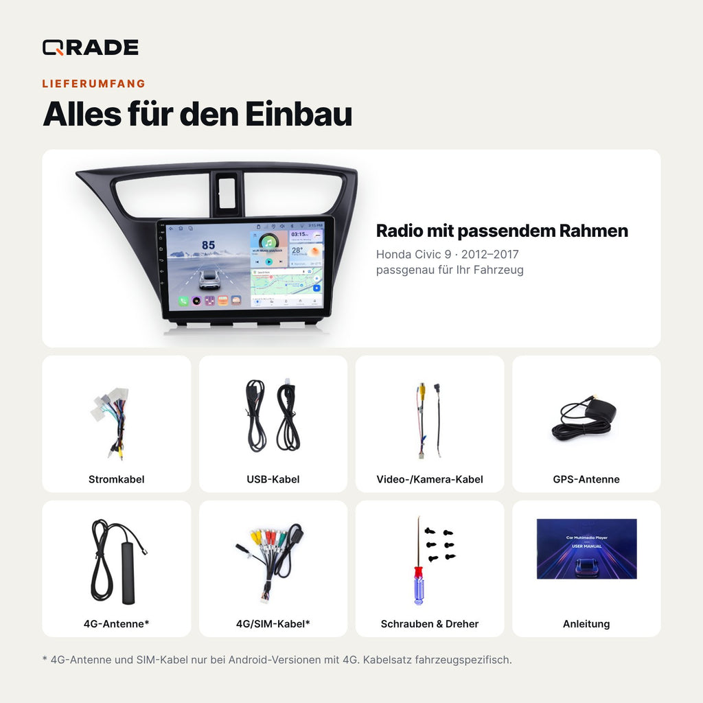 Honda Civic 9 2012-2017 – Autoradio mit Wireless CarPlay & Android Auto (Rahmen Civic127（A）)