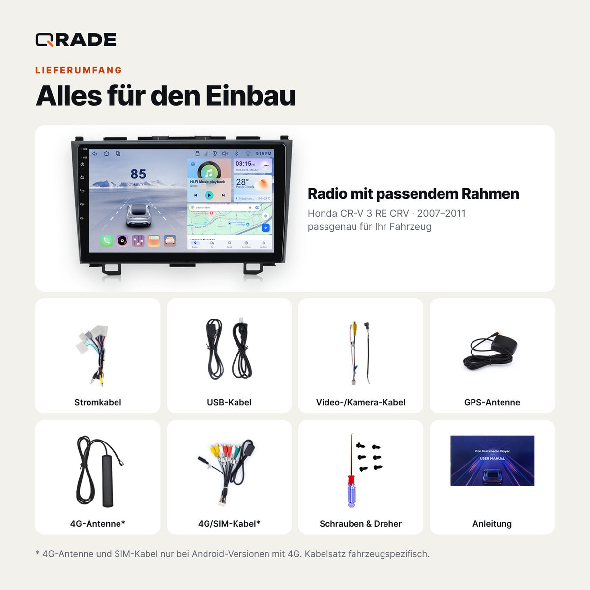 Honda CR-V 3 RE CRV 2007-2011 – Autoradio mit Wireless CarPlay & Android Auto